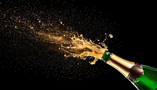 A vibrant splash from a popping champagne bottle on black, perfect for a celebration or New Year's toast