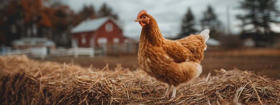 Brown hen standing prominently on a rustic haystack with a blurred red farm barn