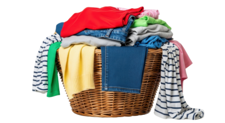 Laundry basket full of clothing ready to be washed isolated PNG with Transparent Background