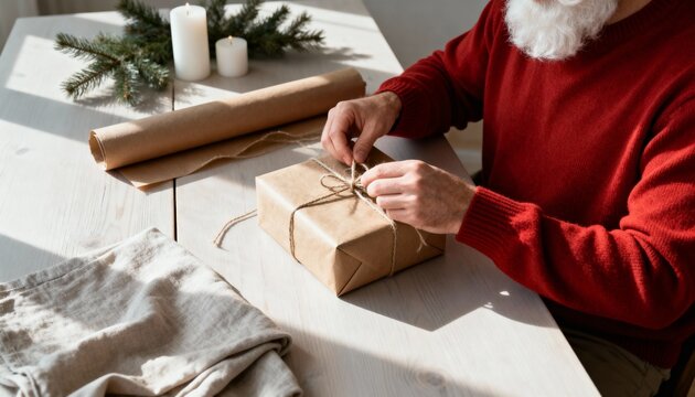 A modern Santa in a minimalist red sweater wraps gifts at a simple wooden table with soft daylight and understated holiday décor, creating a calm and refined seasonal atmosphere in lifelike detail.