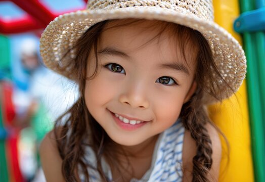 a young girl wearing colorful and a sun hat is smiling while playing on the playground