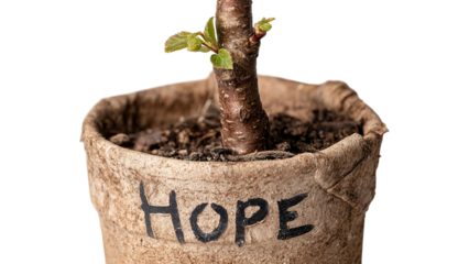 PNG of A young plant grows from a biodegradable pot labeled 'Hope', symbolizing new beginnings and resilience.
