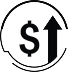 Minimalist Black and White Vector Icon Depicting Dollar Sign and Upward Arrow Symbolizing Financial Growth