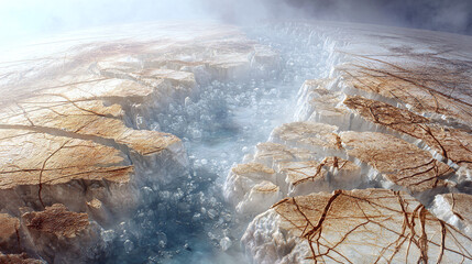 A view of an icy planet's surface with geysers erupting
