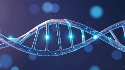 A glowing, abstract double helix DNA strand against a dark blue, bokeh background. - Powered by Adobe