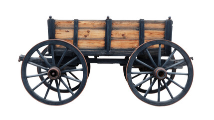 Fototapeta premium Old wooden wagon with large spoked wheels, rustic and vintage style, isolated on transparency background, evokes nostalgia and rural charm, perfect for farm or countryside themes