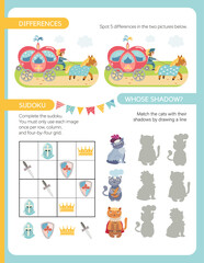 Pages for a children's activity book. The theme is a fairytale kingdom. Defferences, sudoku, and Whose shadow. Fun activities for preschool children.