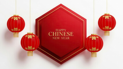 Traditional red chinese lanterns illuminate a festive hexagonal emblem for lunar new year celebrations