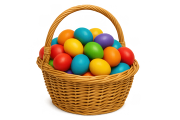Wicker basket overflowing with many vibrant colorful painted easter eggs, celebrating springtime holiday traditions with joy