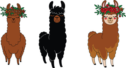 Naklejka premium Cute floral-crowned llamas illustration, adorable alpaca characters, kawaii farm animal art, boho style décor design, charming cartoon llama set