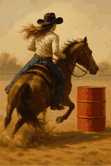Barrel racing colored illustration. Cowgirl barrel racer riding a horse and going around a barrel. Backview vector illustration painting