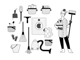 Cleaning service woman holding mop and bucket with detergent. Housekeeping work. Flat outline concept. Vector illustration for banner, website, ad