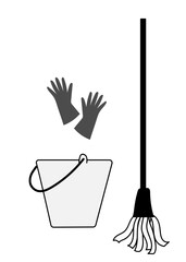 Cleaning supplies icon set with bucket, mop, and gloves, concept household chore, vector illustration for service, banner
