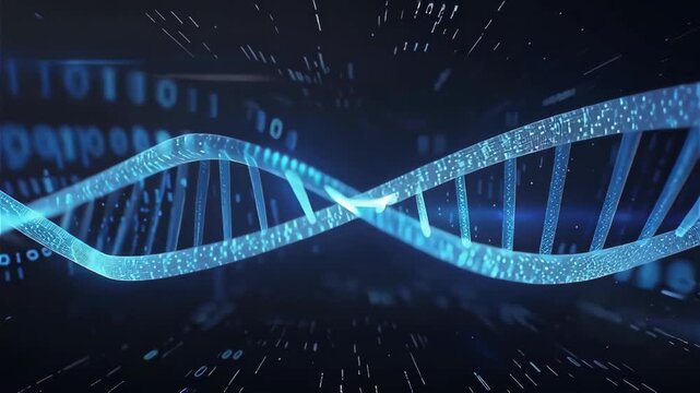 Digital representation of a DNA double helix intertwining with glowing blue binary code against a dark background.