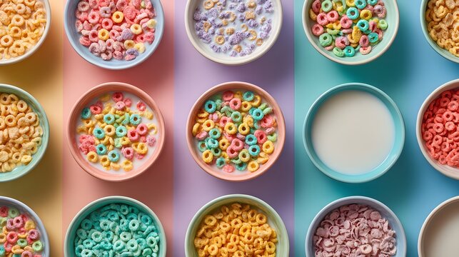 Colorful Assortment of Circular Breakfast Cereals in Small Bowls on Pastel Background with Milk Jug Alongside - Powered by Adobe