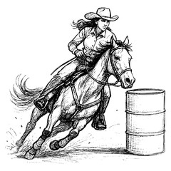 Barrel racing illustration. Cowgirl barrel racer riding a horse and going around a barrel. Line art sketch vector 