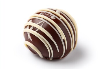 Obraz premium A single dark chocolate truffle is drizzled with white chocolate on a white background.