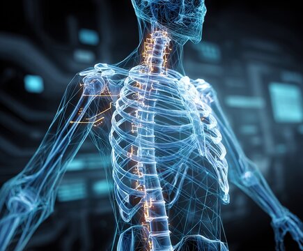 Visualization of human skeletal system with details of spine and ribs in a digital setting using blue tones and glowing effects