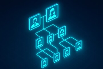 Naklejka premium Digital network structure displaying interconnected user avatars representing social connections, genealogy, or organizational hierarchy