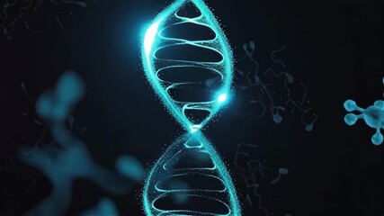 Glowing abstract DNA double helix with molecular structures on a dark blue background. - Powered by Adobe
