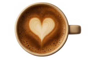 Coffee mug with latte art heart shape foam, hot frothy cappuccino milk drink for enjoying morning beverage