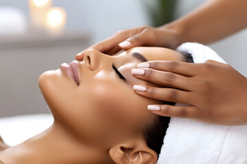 African American woman receiving a relaxing facial massage in a serene spa environment, with soft lighting and calming decor, promoting wellness and self-care