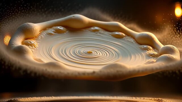 Floating pizza dough spinning rapidly to flatten into a crust with flying flour particles in a cinematic 3D animation, illustrating baking concepts.