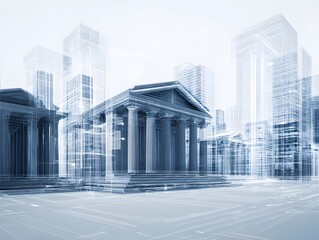 Modern cityscape blending historic architecture with futuristic skyscrapers in a high-tech urban environment featu transparent overlays and digital effects