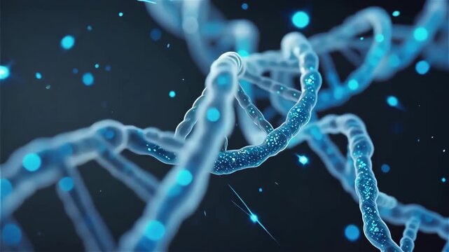 Abstract 3D rendering of a glowing blue DNA double helix structure with sparkling particles on a dark background.