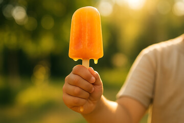 Enjoying a refreshing orange popsicle on a warm summer day, perfect for capturing the carefree joy and delicious simplicity of childhood treats
