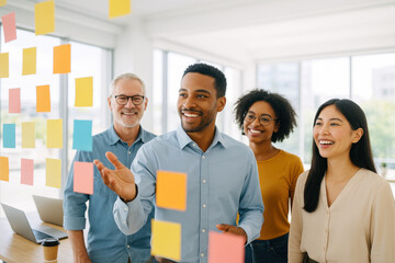 Diverse team brainstorming ideas on glass wall with sticky notes in modern office, fostering collaboration and innovation for dynamic business solutions
