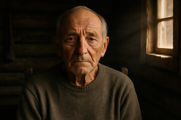 Poignant portrait of an elderly man inside rustic cabin by window looking thoughtful or worried
