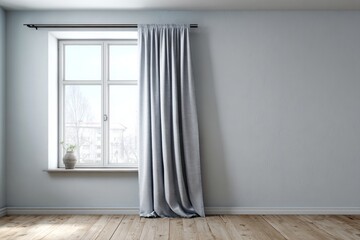 Fototapeta premium Interior room features a light blue wall, wooden floor, and window with soft gray drapery