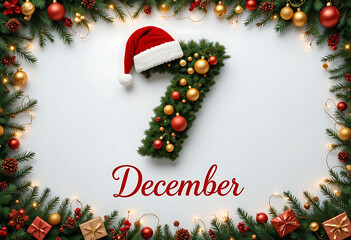 December 7th holiday image: festive Christmas wreath number seven with Santa hat, gold ornaments, and warm lights.