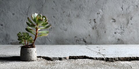 Small potted succulent plant on concrete surface with textured gray wall in background for minimalist home decor or gardening scenes