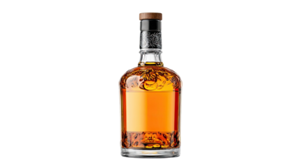 Bottle of wine with elegant glass silhouette and rich dark liquid showing clear refined detail isolated on white background