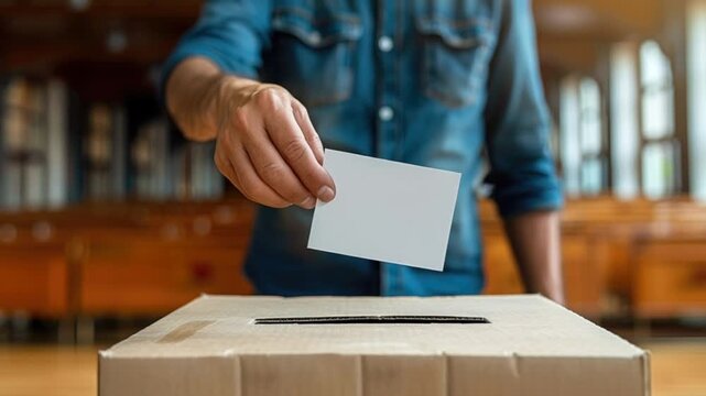 Video persona ejerciendo el voto con un papel blanco en su mano derecha, volcando su voto en la urna electoral o caj&oacute;n de cart&oacute;n, derecho a decidir, libremente, emitir una opini&oacute;n, en un auditorio
