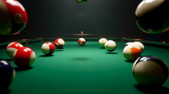 Cinematic 3D animation of billiard balls breaking and levitating in zero gravity over a green felt table, symbolizing chaotic impact and surreal physics.