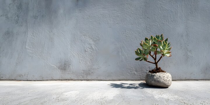Small potted succulent plant with thick green leaves and woody stems growing in a round concrete pot against a textured gray wall - Powered by Adobe