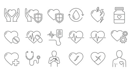 Fototapeta premium A collection of line art icons representing heart health and medical concepts.