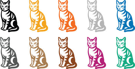 Ten colorful striped cat icons in two rows cat feline animal pet icon silhouette, Striped cat icon set in two rows for design