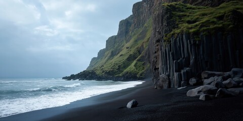 Majestic cliffs and basalt columns at a rugged ocean coastline