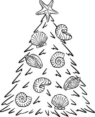 Christmas tree decorated with seashells