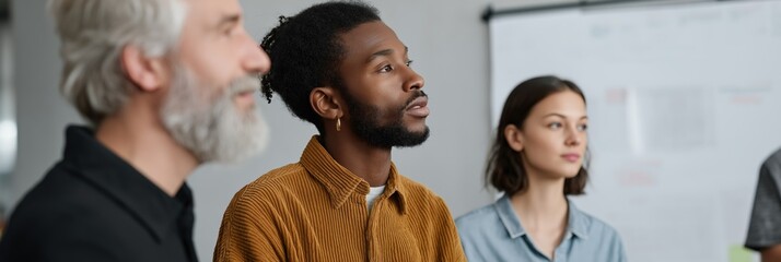 Diverse team in discussion: caucasian and african adult males, young caucasian female in modern office