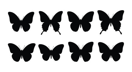 Simple black silhouettes of butterflies arranged in rows against a white background © MdNirob