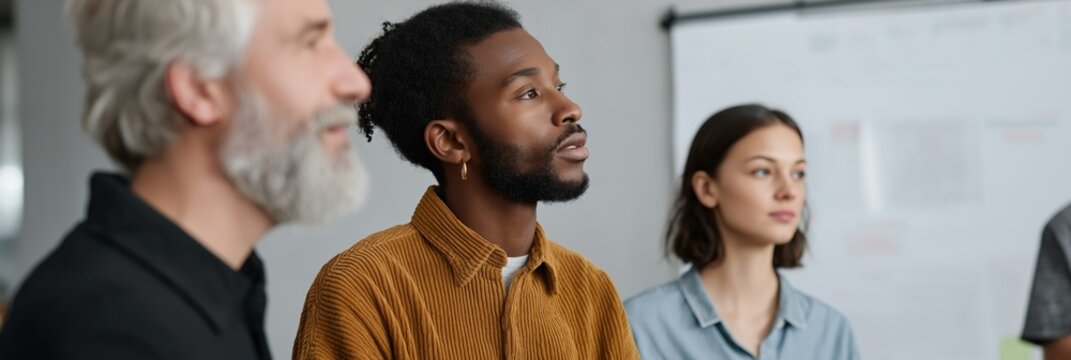 Diverse team in discussion: caucasian and african adult males, young caucasian female in modern office