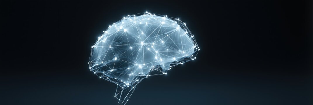 Futuristic digital brain with glowing network connections on dark background
