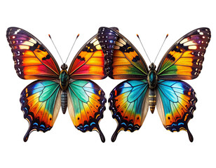 Obraz premium - Pair of colorful butterflies side-by-side, top-view wings spread, isolated on white PNG