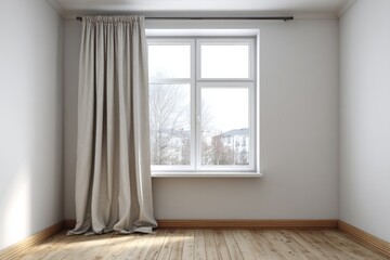 Fototapeta premium Interior room features a large window covered partially by a draped fabric panel and light wood flooring