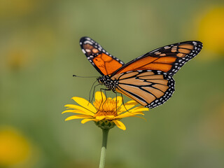 Fototapeta premium A butterfly resting on a yellow flower with a soft natural background. Macro nature theme focusing on insects, flora, and outdoor beauty.